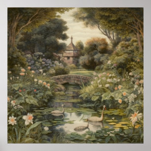 Vintage Swans in English Garden Botanical Fine Art Poster