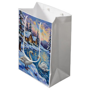 Vintage Swans on a Winter Lake Christmas Painting Medium Gift Bag