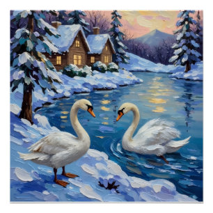 Vintage Swans on a Winter Lake Christmas Painting Poster