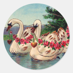 Vintage Swans with Garlands of Roses & Hearts Classic Round Sticker