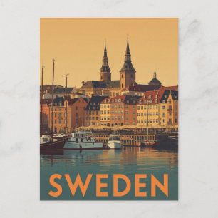 Vintage Sweden Travel Poster Harbour View Postcard