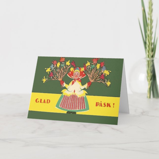 Vintage Swedish Easter Flowers Glad Pask Holiday Card (Front)
