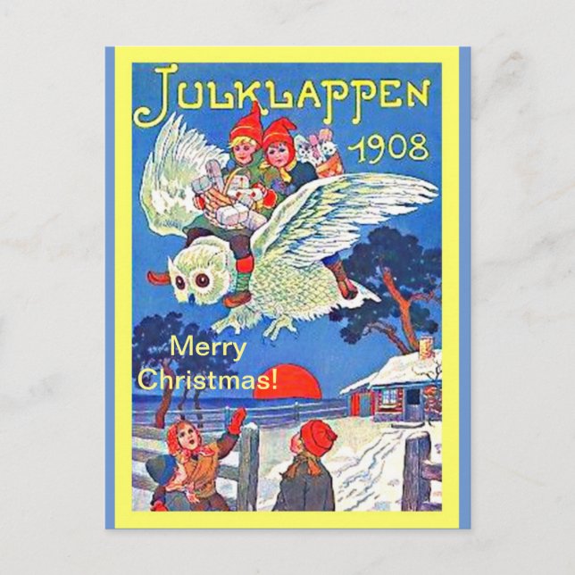Vintage Swedish Owl & Kids Julklappen Christmas Postcard (Front)