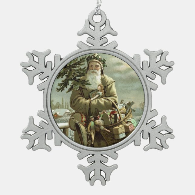 Vintage Swedish Santa Snowflake Pewter Christmas Ornament (Front)