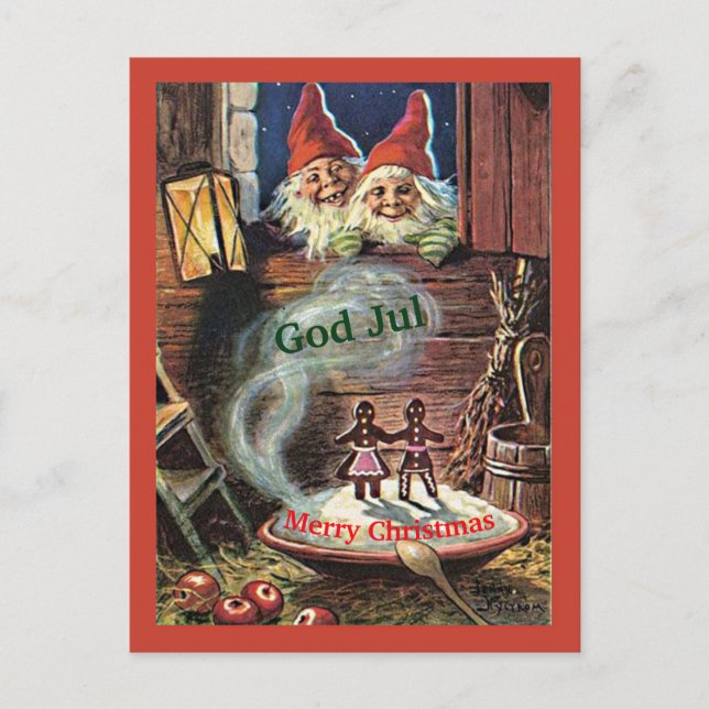Vintage Swedish Tomte Christmas Card Gnomes Elves (Front)