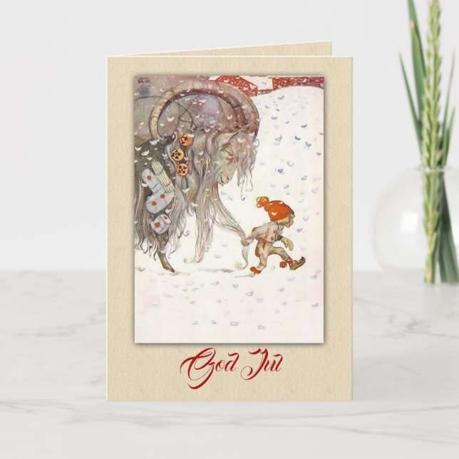 Vintage Swedish Yule Goat and Elf Holiday Card (Front)