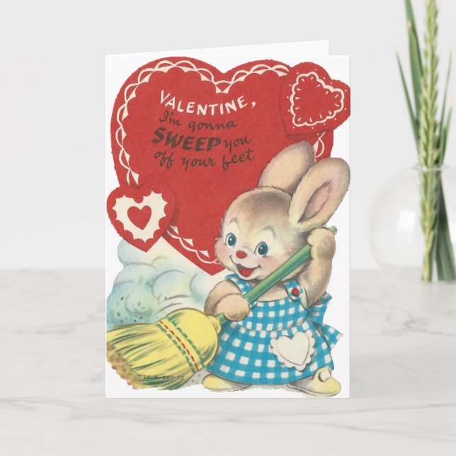 Vintage Sweeping Bunny Valentine Holiday Card (Front)