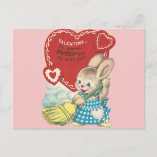 Vintage Sweeping Bunny Valentine Holiday Postcard