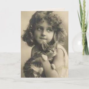VINTAGE SWEET GIRL AND CAT Greeting Card