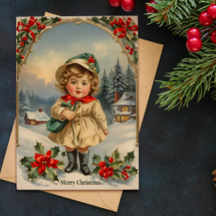Vintage Sweet Girl Standing Christmas Holiday Card