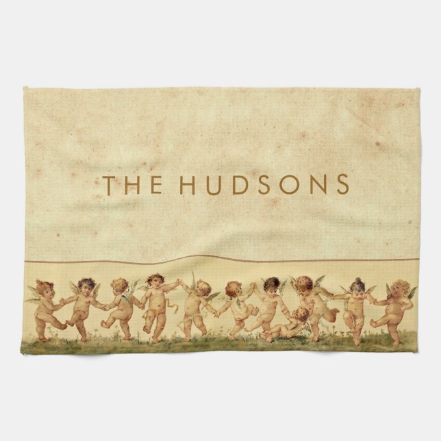 Vintage Sweet Happily Dancing Cherubs Personalised Tea Towel (Horizontal)