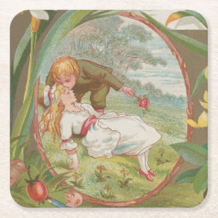 Vintage Sweet innocent Valentine, Kate Greenway Square Paper Coaster
