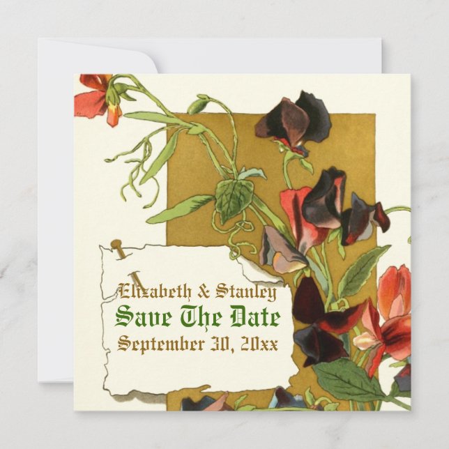 Vintage sweet pea flowers wedding Save the Date (Front)