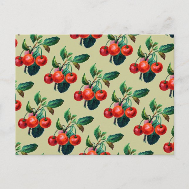 Vintage Sweet Red Cherries Fruit Wallpaper Pattern Postcard (Front)