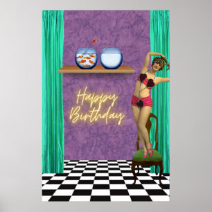 Vintage Swimmer Funky Altered Art Birthday  Poster