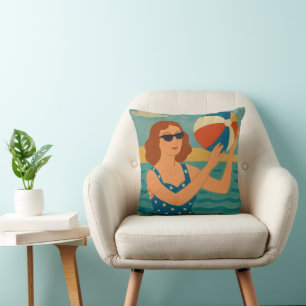 Vintage Swimmer with Beach Ball Cushion