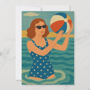 Vintage Swimmer with Beach Ball Invitation