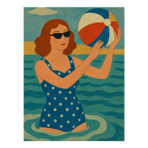 Vintage Swimmer with Beach Ball Poster