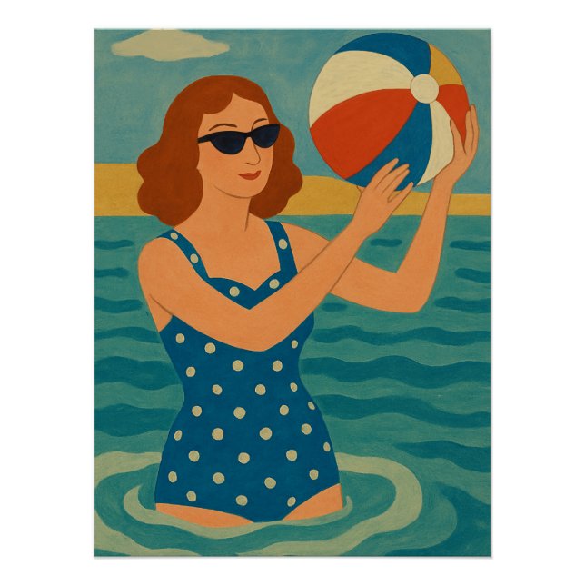 Vintage Swimmer with Beach Ball Poster (Front)