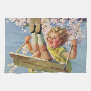 Vintage Swing, Girl Swinging in a Tree Childs Play Tea Towel
