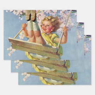 Vintage Swing, Girl Swinging in a Tree Childs Play Wrapping Paper Sheet