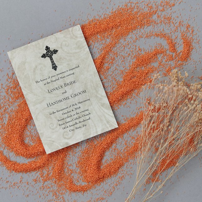 Vintage Swirl Catholic Cross Wedding Invitation (Creator Uploaded)