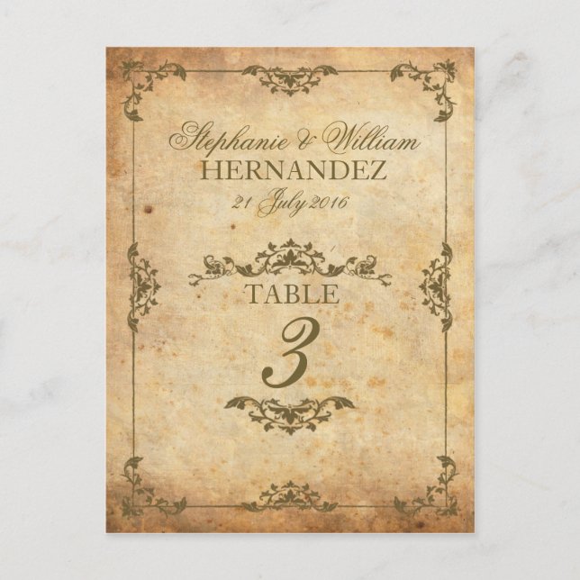 Vintage Swirl Wedding Reception Table Number Postcard (Front)