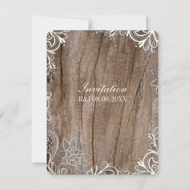 vintage swirls barn wood  lace country wedding invitation (Front)