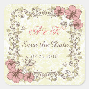 Vintage swirls, Hibiscus, butterfly Save the Date Square Sticker