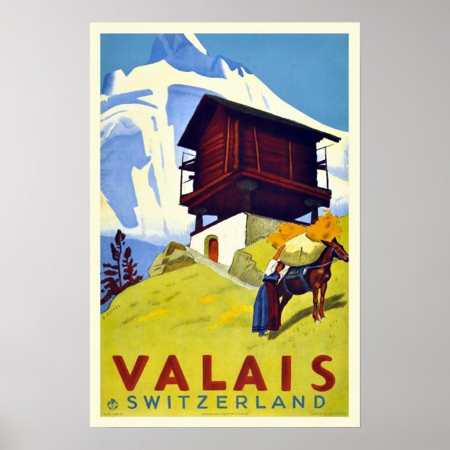 Vintage Swiss Alps Valais Art Deco Travel Poster (Front)