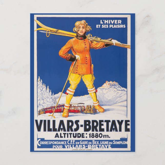 Vintage Switzerland Ski Alps Swiss Travel Postcard (Front)