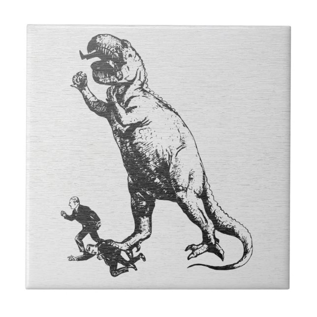 Vintage T-Rex Chasing Businessmen Ceramic Tile (Front)
