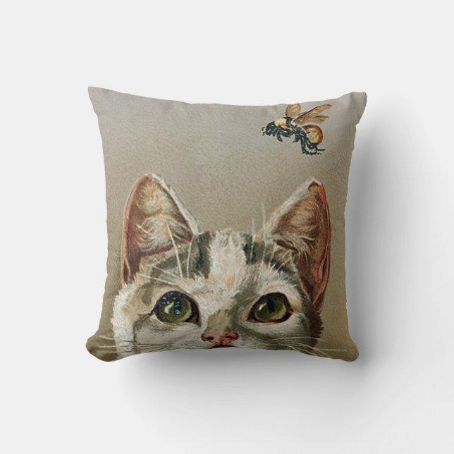 Vintage Tabby Cat and Bee Throw Pillow (Front)