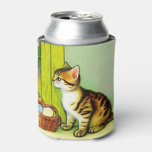 Vintage Tabby Cat Illustration Can Cooler