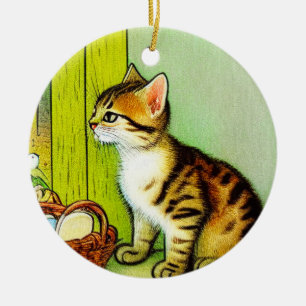 Vintage Tabby Cat Illustration Ceramic Tree Decoration