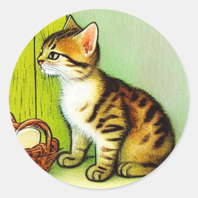 Vintage Tabby Cat Illustration Classic Round Sticker (Front)