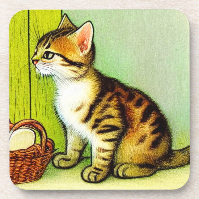 Vintage Tabby Cat Illustration Coaster (Front)
