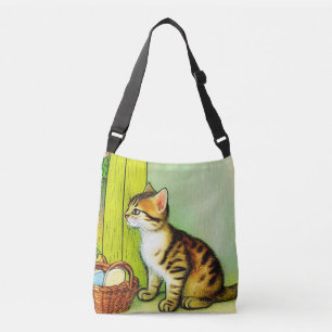Vintage Tabby Cat Illustration Crossbody Bag