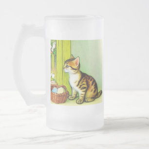 Vintage Tabby Cat Illustration Frosted Glass Beer Mug