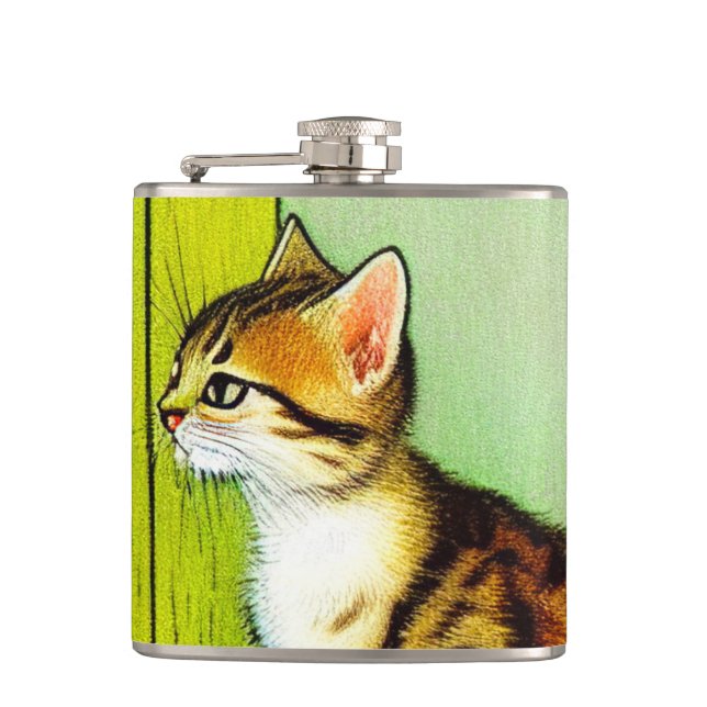Vintage Tabby Cat Illustration Hip Flask (Front)