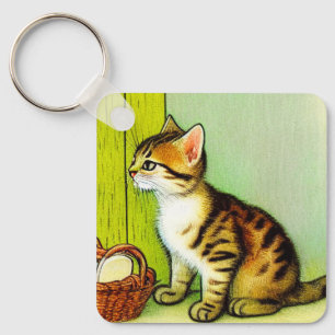 Vintage Tabby Cat Illustration Key Ring