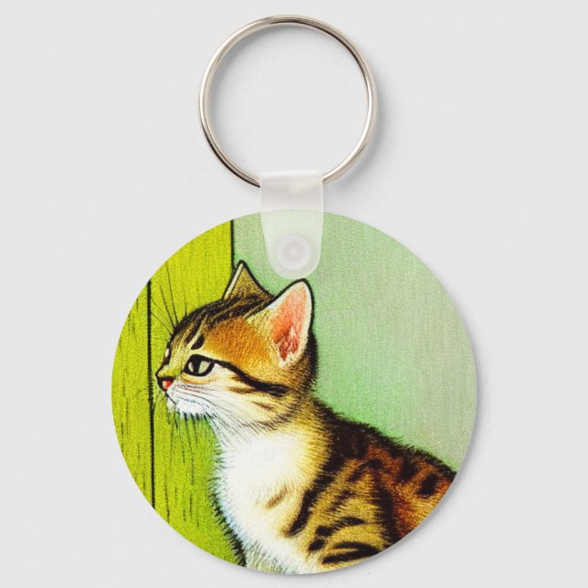Vintage Tabby Cat Illustration Key Ring (Front)