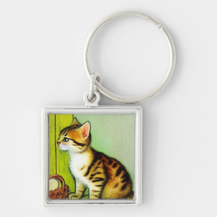 Vintage Tabby Cat Illustration Key Ring