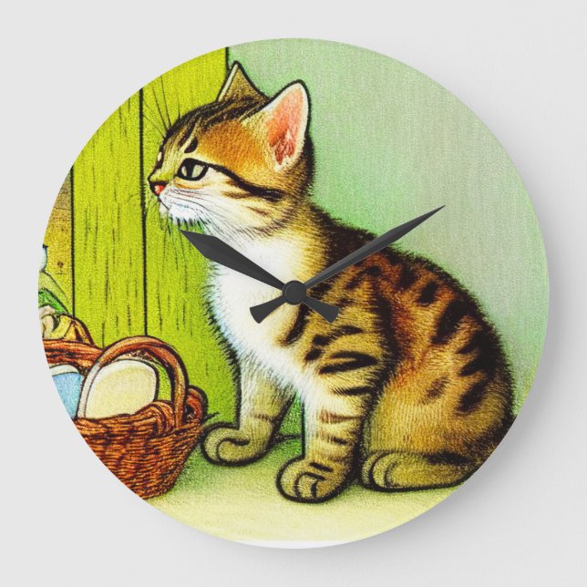 Vintage Tabby Cat Illustration Large Clock (Front)