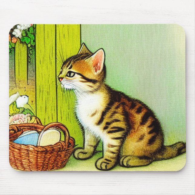 Vintage Tabby Cat Illustration Mouse Mat (Front)