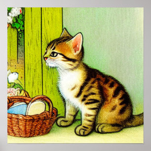 Vintage Tabby Cat Illustration Poster