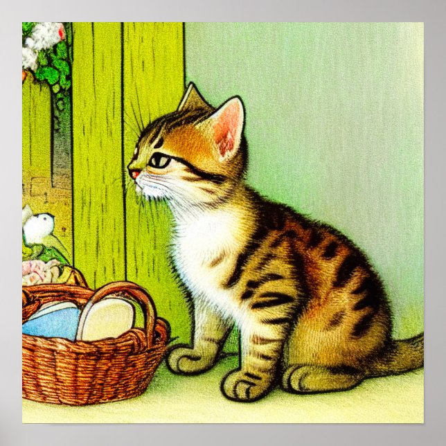 Vintage Tabby Cat Illustration Poster (Front)