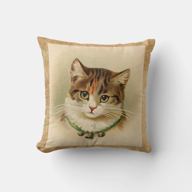 Vintage Tabby Cat Print Cushion (Front)