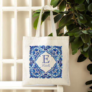 Vintage Talavera Azulejo blue tile monogrammed Tote Bag