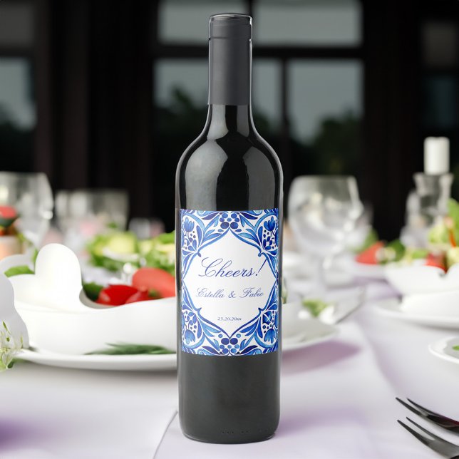 Vintage Talavera Azulejo blue tile wedding Wine Label (Vintage Talavera Azulejo blue tiles personalized wedding Wine Labels wedding favors)